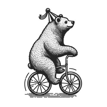 circus bear rides bicycle sketch engraving generative ai fictional character vector illustration. Scratch board imitation. Black and white image.