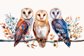 Watercolor owls on a white background. 