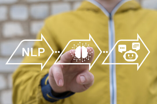 Man using virtual touch screen sees abbreviation: NLP. NLP Natural Language Processing neural network concept. NLP Speech Recognition, Conversational AI and Computational Linguistics Technology.