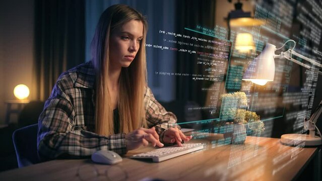 Portrait of Female Digital Entrepreneur Working on Computer. Line of Code Projected on His Face and Reflecting. App developer looking at hologram of machine learning data algorithm
