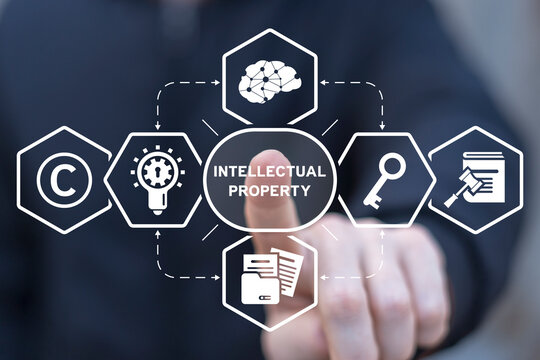 Man using virtual touch screen presses inscription: INTELLECTUAL PROPERTY. Intellectual Property Rights, Copyright, Patent or Trademark Infringement.