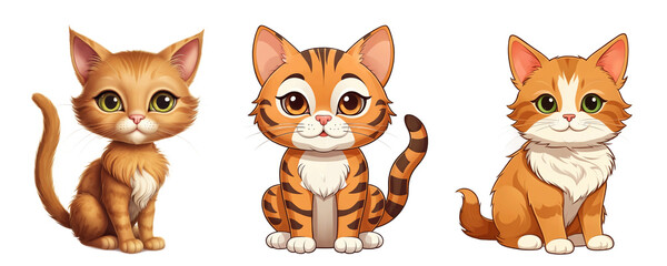 Three cute and fluffy cartoon kittens, isolated on transparent background