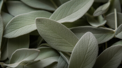 pile of sage green leaves, zoomed in