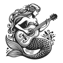 mermaid with flowing hair playing a guitar, in a whimsical black and white drawing. Lady sketch engraving generative ai fictional character vector illustration. Scratch board imitation.