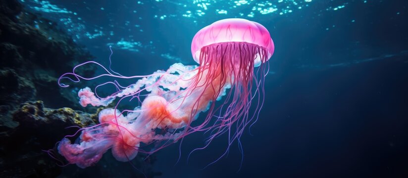 An electric blue jellyfish, a marine invertebrate belonging to the Cnidaria phylum, gracefully moves through the fluid underwater environment of the ocean, showcasing the wonders of marine biology
