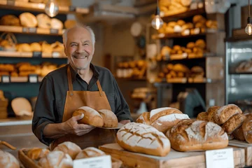 Stickers muraux Boulangerie A smiling and friendly elderly male salesman sells fresh bread in a clean and modern bakery with wooden style elements, bakery advertising and marketing concept,