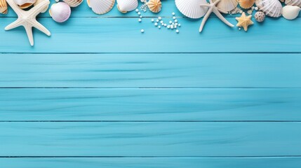 Beach accessories on a blue wood background. summer holiday banner