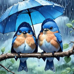 Pair of bluebirds under a blue umbrella in a rainstorm 