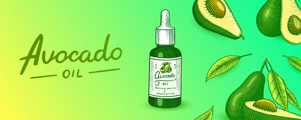 Tropical avocado. Set of evergreen fruit plant. Cosmetics for skin care. Organic oil in the bottle. Background or poster or banner. Isolated Vector hand drawn. Engraved Vintage template for design. - 756013276