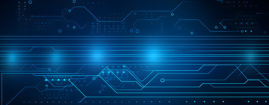 Blue background with light lines and glowing dots in the form of a technological circuit board