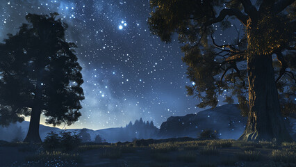 Starry Serenity: A Relaxing Landscape Under the Night Sky
