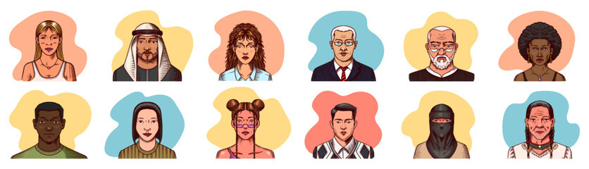 Human Avatars Collection. Faces of people. Characters set. Happy emotions. Portrait for social media, website. Men and women, grandparents and girls. Hand drawn doodle sketch. - 756013601