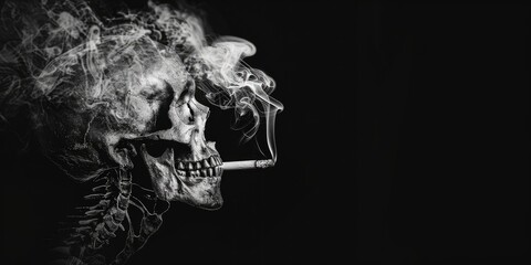 Obraz na płótnie Canvas Human skull is smoking on dark background, no smoking concept