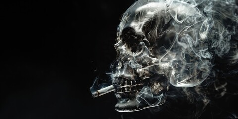 Human skull is smoking on dark background, no smoking concept