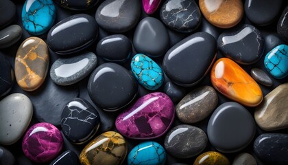 Obraz na płótnie Canvas Black and colorful smooth stones background