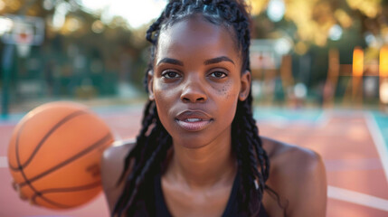 Portrait of Strong Black Young Woman Tossing a Basket Ball Around While Looking at the Camera in an Outdoor Court. Female Athlete Defying Stereotypes and Following her Dream of Going Professional. 