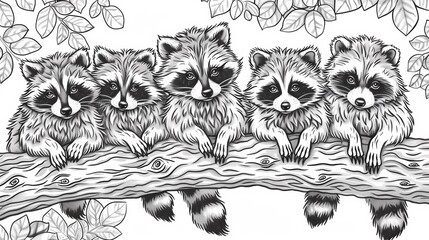 Naklejka premium A group of raccoons sitting on a branch with leaves, AI