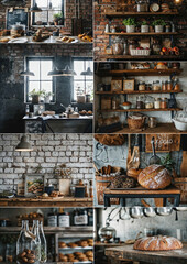 Fototapeta na wymiar Rustic bakery atmosphere interior, baked bread, artisan baking, pastry, coffee, shop, seating, inspirational multiple images, natural light, delicious food, hipster