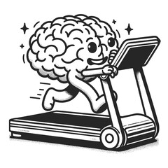 animated brain character exercising on a treadmill, symbolizing mental fitness sketch engraving generative ai vector illustration. Scratch board imitation. Black and white image.