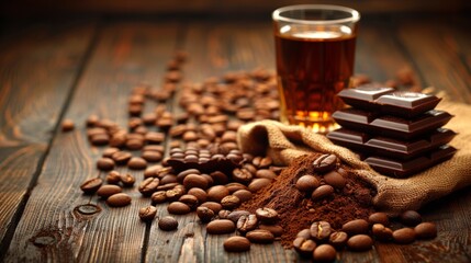A glass of coffee and chocolate on a table with beans, AI