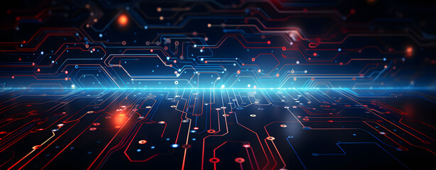 Blue background with light lines and glowing dots in the form of a technological circuit board