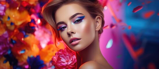 A happy woman with colorful eye shadow and magenta lipstick is holding a violet flower petal. She is ready for the flash photography at the entertainment event, having fun with her vibrant makeup - obrazy, fototapety, plakaty