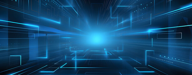 Blue background with light lines and glowing dots in the form of a technological circuit board
