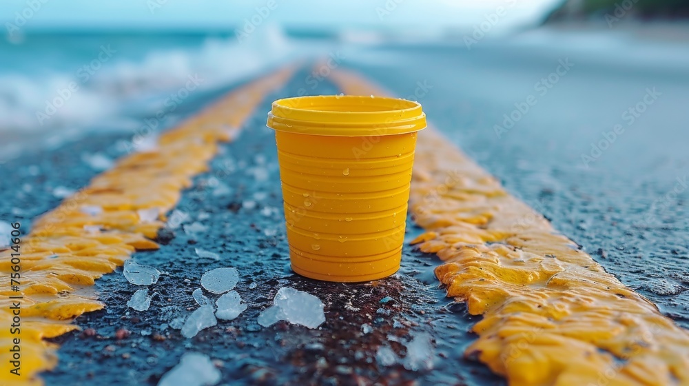 Poster A yellow cup sitting on a road with water and ice, AI