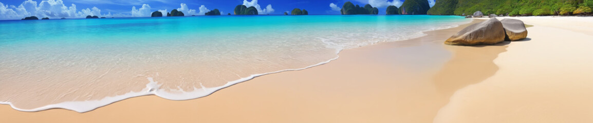 Breathtaking scenery of a secluded beach, with shimmering turquoise waters, golden sand, and the sound of waves, ideal for a peaceful retreat