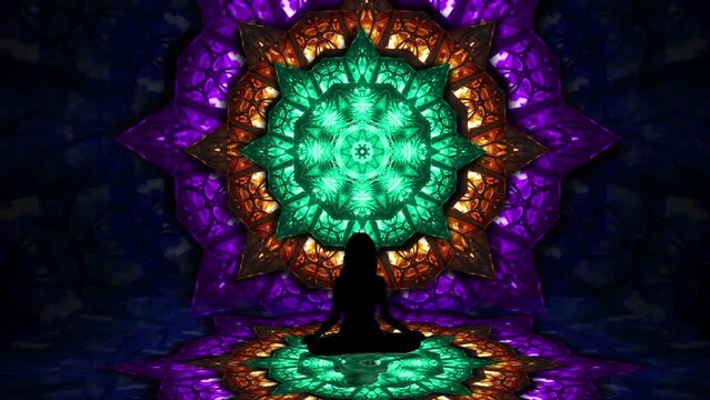 Girl Doing Yoga And Mandala Animation. Silhouette Women Meditating With Glowing Energy Yoga Lotus Position With Mandala Animation Effects. A Woman Meditating Chakras Asan. Yoga Animation