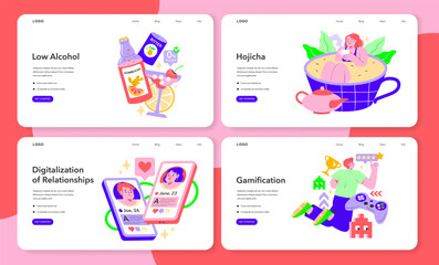 Lifestyle trends set. Exploring mindful drinking, tea appreciation, digital love connections, and interactive play in a digital era