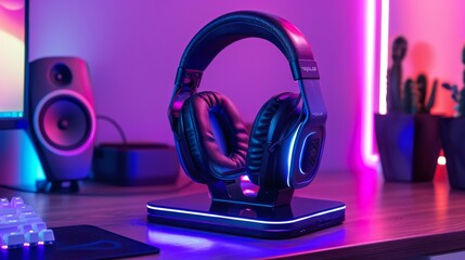 Gaming headset stand with USB charging ports and ambient lighting