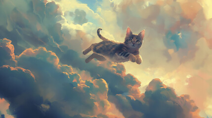 Gato fofo caminhando sobre as nuvens no ceu - Papel de parede - obrazy, fototapety, plakaty