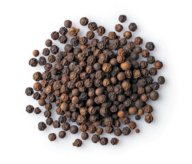 A top view image of black pepper. This spice is isolated on a white background. It’s a key ingredient in many dishes, adding a hot and pungent flavor.