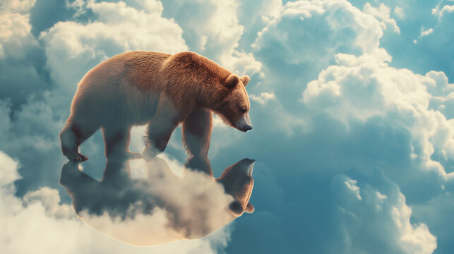 Urso pardo caminhando sobre as nuvens no ceu - Papel de parede