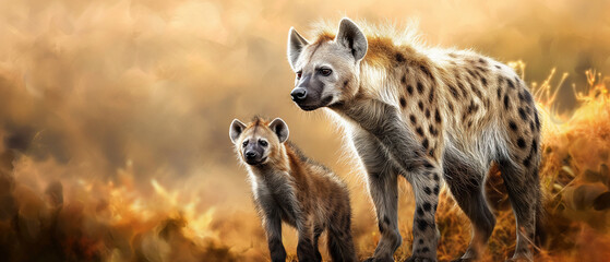 Hiena e seu filhote na natureza - Papel de parede