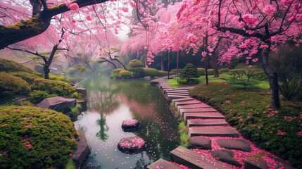 Springtime Serenity in a Japanese Blossoming Garden