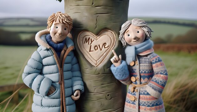 Personnages en pâte à modeler : couple en extérieur avec gravure d'un cœur sur un arbre