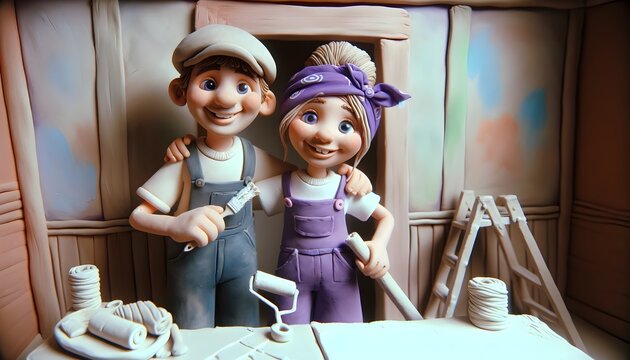 Personnage en pâte à modeler : Couple rénovant  sa maison