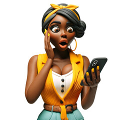 Personnage en pâte à modeler : Femme en jaune tenant son téléphone avec une expression choquée