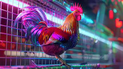 
A modern chicken struts confidently in a sleek, futuristic coop, its feathers boasting vibrant colors and iridescent patterns - obrazy, fototapety, plakaty