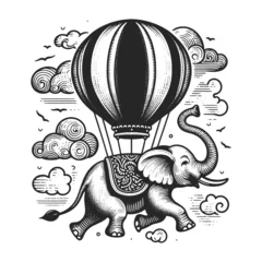 Foto op Plexiglas elephant flying with a hot air balloon, surrounded by whimsical clouds sketch line art engraving generative ai vector illustration. Scratch board imitation. Black and white image. © Oleksandr Pokusai