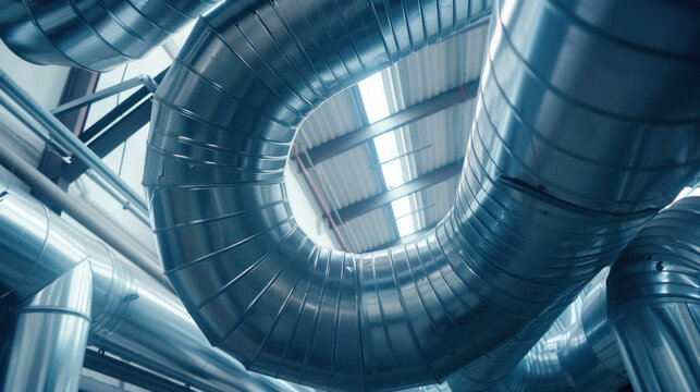 The ventilation pipe is round from the inside. Steel pipes, parts for the construction of industrial air conditioning ducts inside the pipe. Industrial ventilation equipment. Generative AI