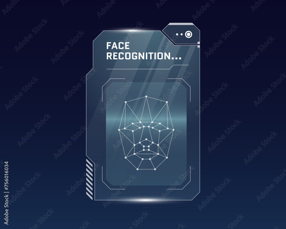 Poster hud face recognition biometric id scan panel design. user facial verification scanner. person identi