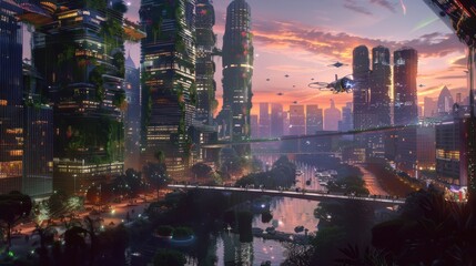 A futuristic city at dusk blends tech and nature. Bio-luminescent skyscrapers with vertical gardens, hovering vehicles, and a serene river reflect a harmonious world