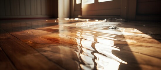 The sunlight is streaming through the window, casting a warm glow on the flooded hardwood floor of the brown building - Powered by Adobe