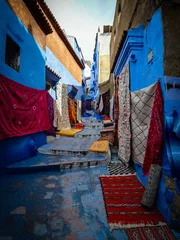Schilderijen op glas colorful narrow street in Chefchaouen Morocco © Abdul Rahman