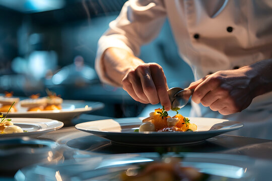 the elegance of a fine dining establishment, with chefs meticulously plating gourmet dishes featuring innovative flavor combinations and artistic presentations