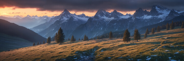 Tranquil mountain range with snow-capped peaks: stunning illustration of a scenic outdoor landscape, capturing the beauty of nature, trees, and a colorful sunset