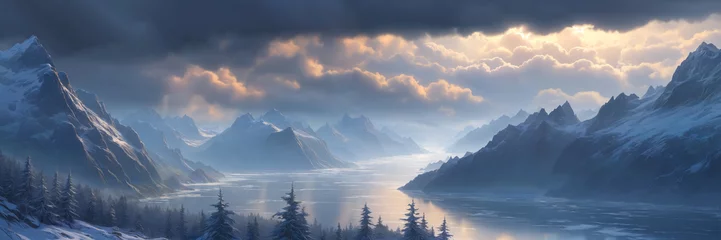 Gordijnen A breathtaking illustration of a serene and peaceful nature scene of mountains with cloudy sky, river and trees, with a foggy and misty atmosphere © Aleksei Solovev